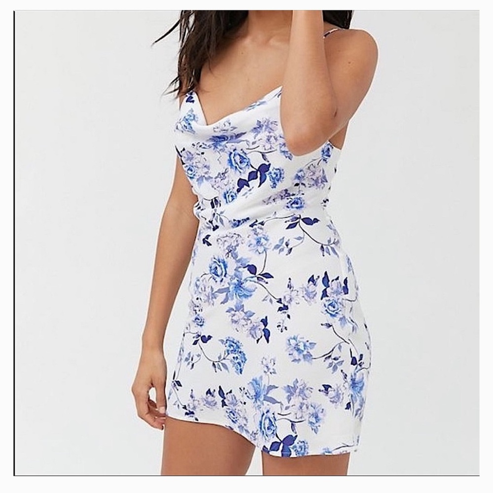 Urban Outfitters White Slip Dress with Blue Floral Print